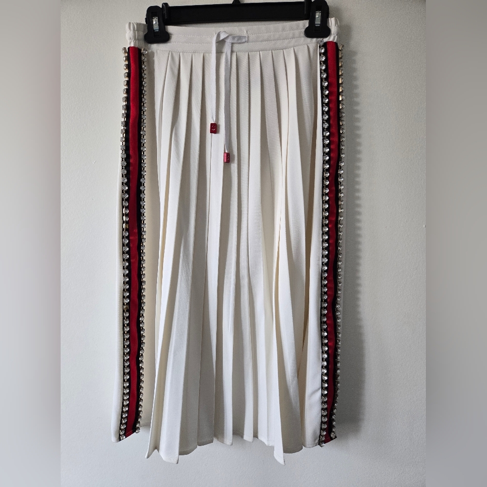 Beulah Red and White Pleated Midi Skirt Resort Wear